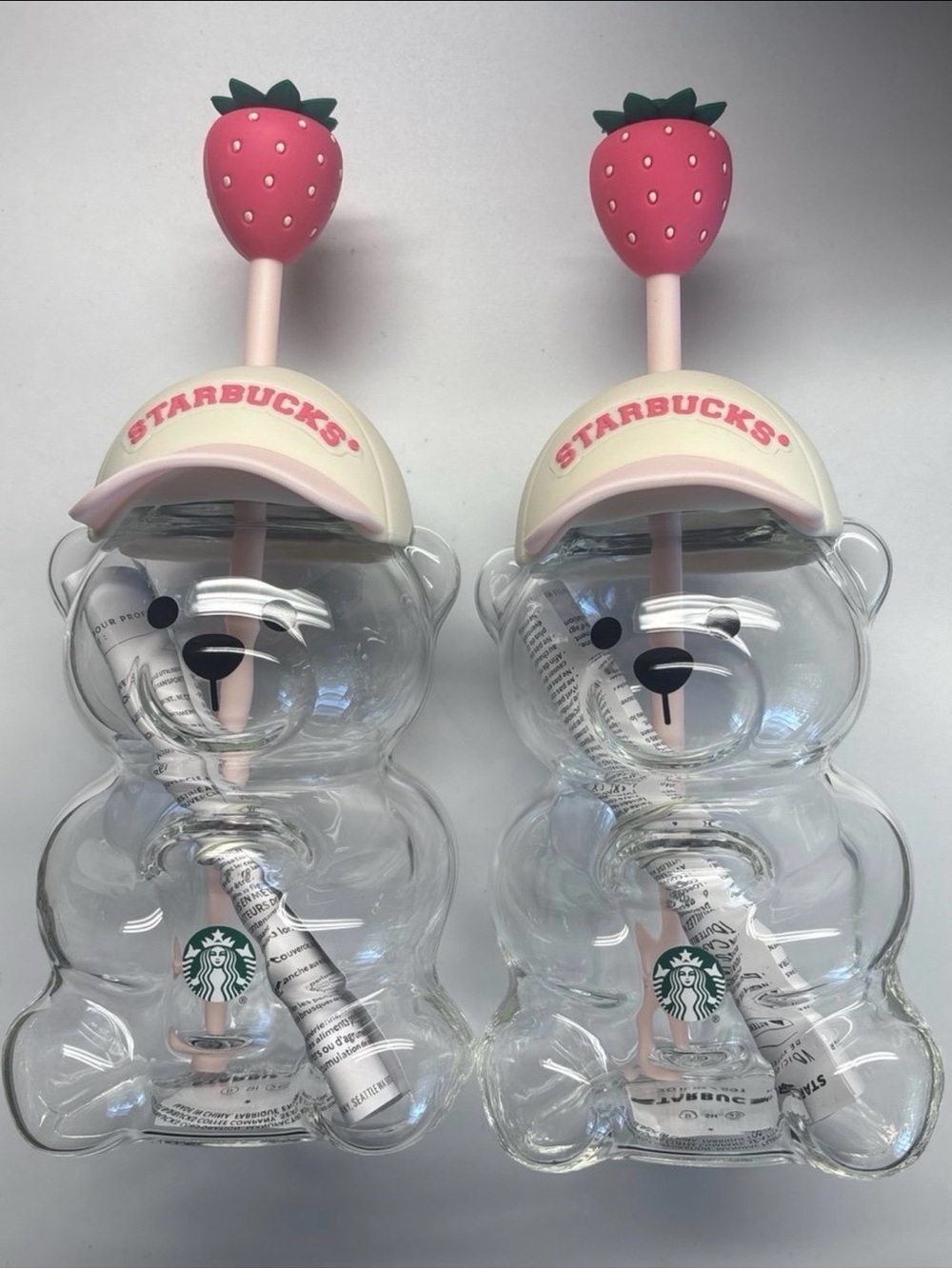 Starbucks Clear Bear Straw Bottle with Pink Strawberry Lid (Pair)